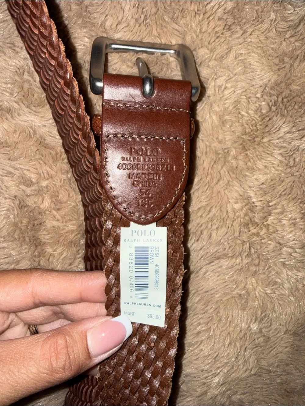 Polo by Ralph Lauren Woven Brown Leather Belt with Silver Buckle